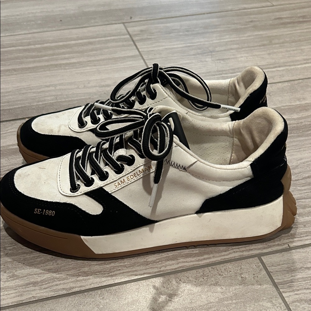 Sam Edelman Men's Black and White Sneakers with Tan Sole